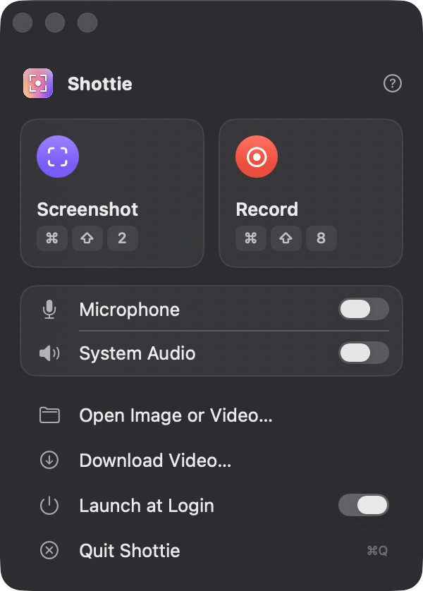 The Shottie menu bar panel with Screenshot and Record buttons and switches for microphone and system audio
