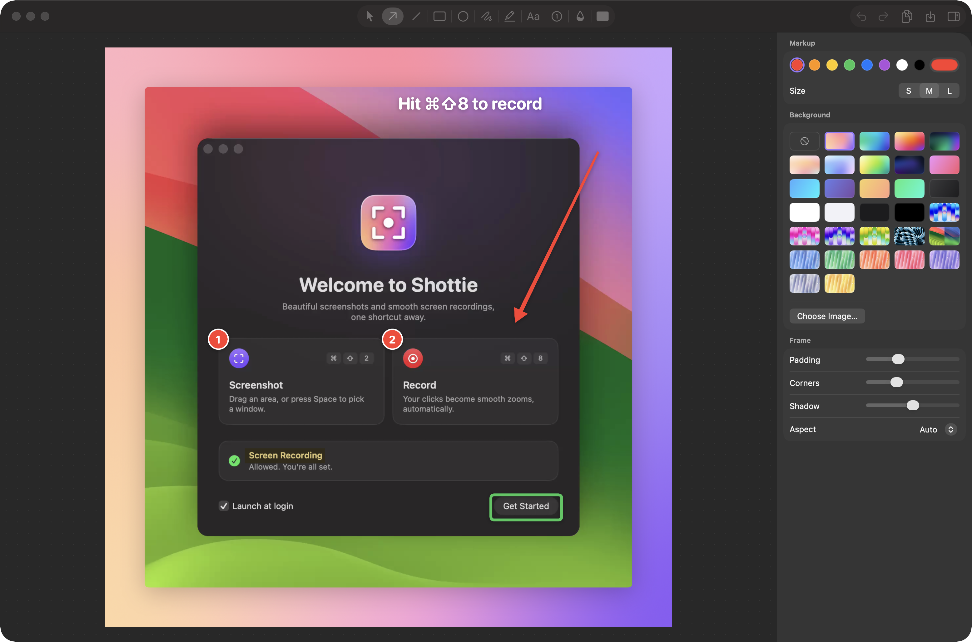 The Shottie screenshot editor: a capture framed on a gradient, with an arrow, numbered steps, a highlight and a note, next to the markup and background controls
