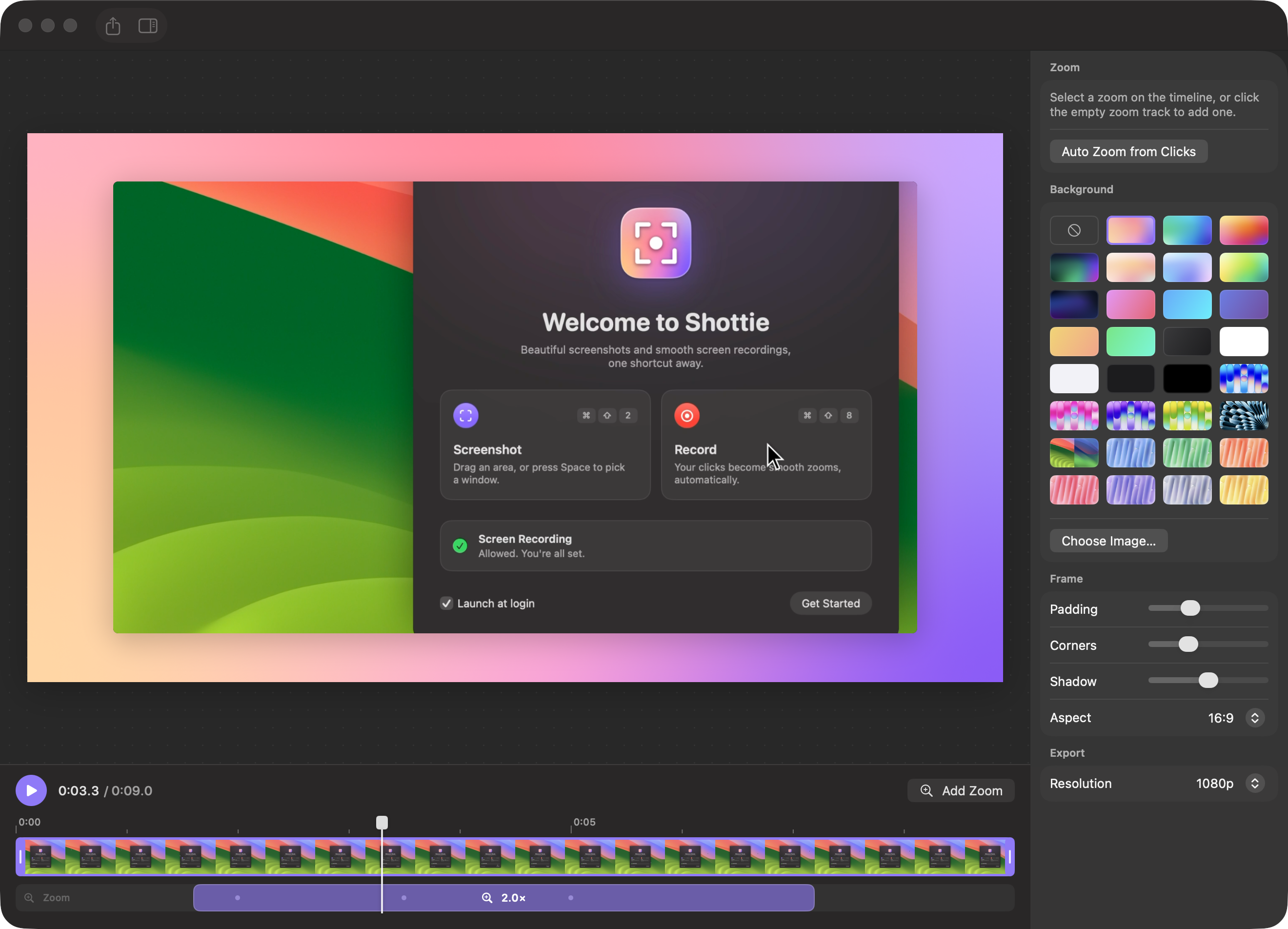 The Shottie video editor: a zoomed preview on a gradient backdrop above a timeline with a filmstrip, trim handles and a zoom block